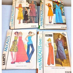 Vintage 1970s McCalls Sewing Patterns Lot Of 4 Misses Dresses Aprons Jumpsuits &